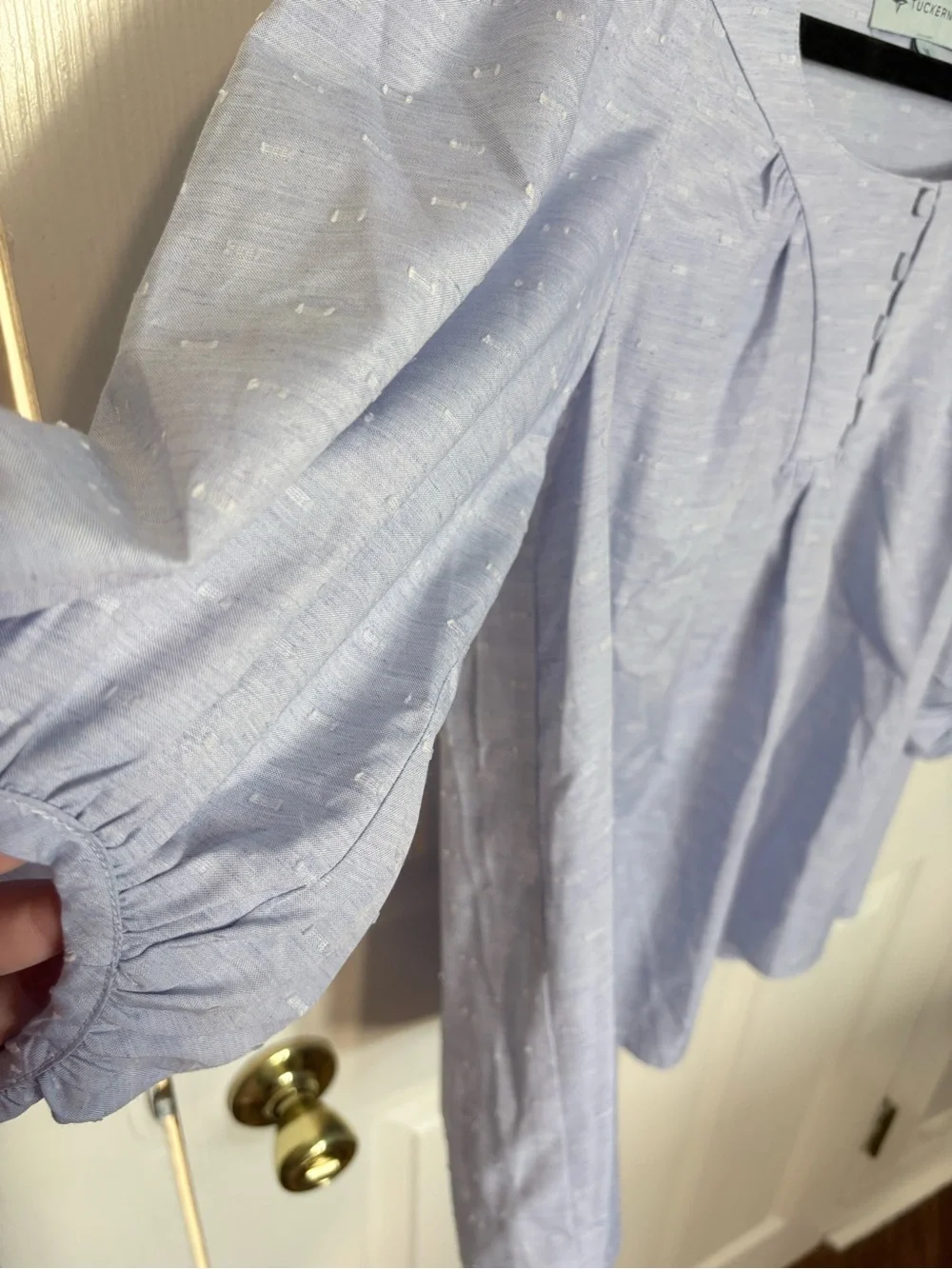 Tuckernuck Light Blue Clip Dot Peasant Blouse Balloon Sleeve Medium